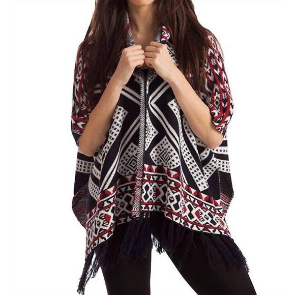 NEW FRENCH KYSS hannah tassel poncho in black/red - Picture 1 of 3